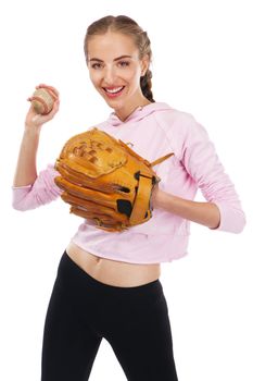 Beautiful woman with baseball equipment, isolated on white background