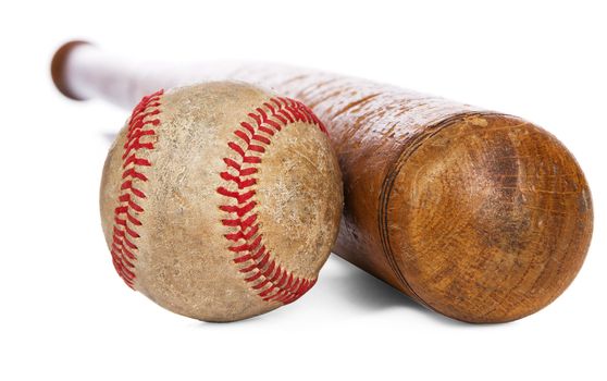 Wooden baseball bat and ball isolated on white background