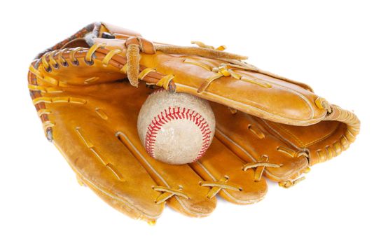 Baseball ball and glove, isolated on white background