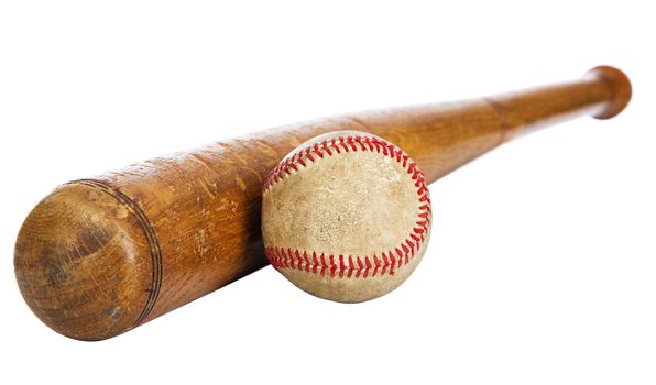 Wooden baseball bat and ball isolated on white background