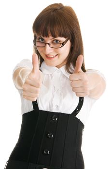Young businesswoman showing 'thumbs up' sign