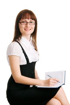 Cheerful businesswoman on white background