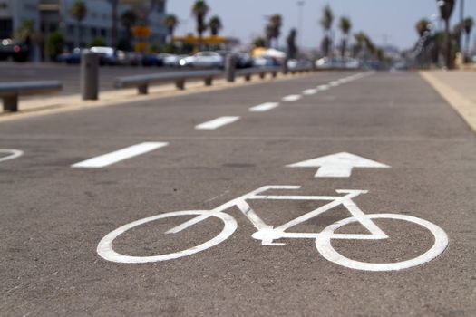 Bicycle road sign on asphalt in Tel-Aviv, Israel