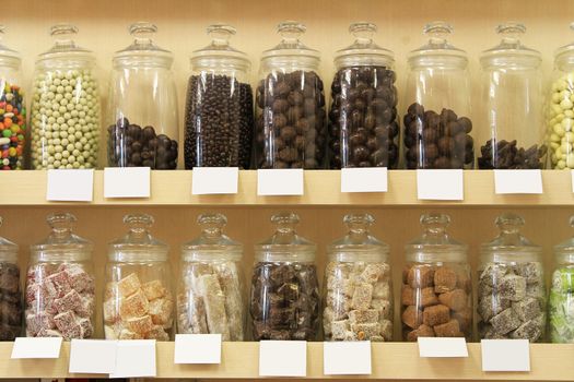 Assortment of chocolate candies in a shop