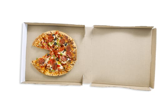 Overhead shot of a delicious pizza in pizza box over white surface.