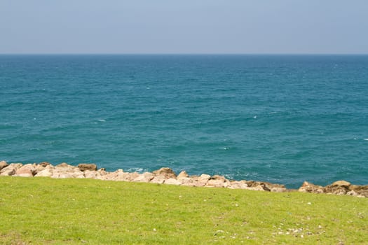 Natural background of green grass, and blue sea