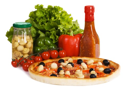 Pizza with sauce and vegetables, isolated on white