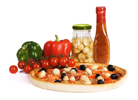 Pizza with sauce, paprika and champignons, isolated on white