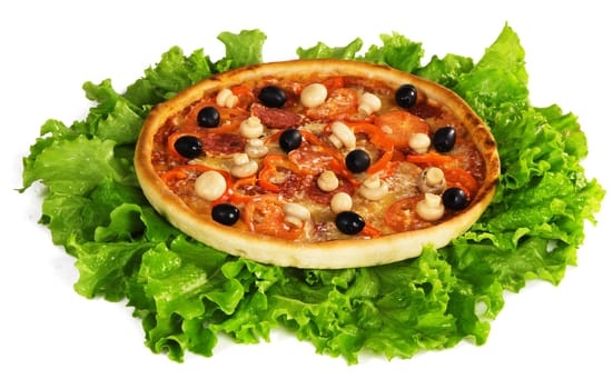 Pizza on a leaves of  lettuce, isolated on white