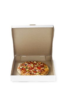 Close-up shot of pizza in box over white background