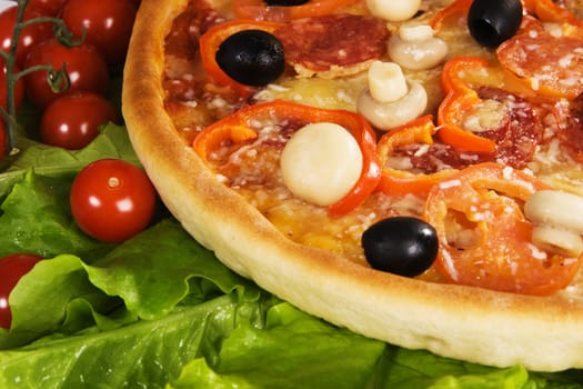 Closeup picture of a pizza with a lettuce's leaves and tomatoes