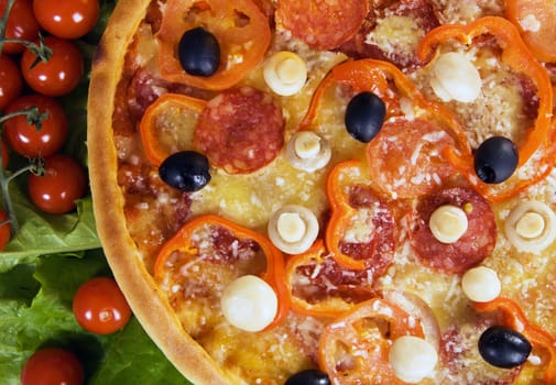 Closeup picture of a pizza with vegetables and cherry tomato