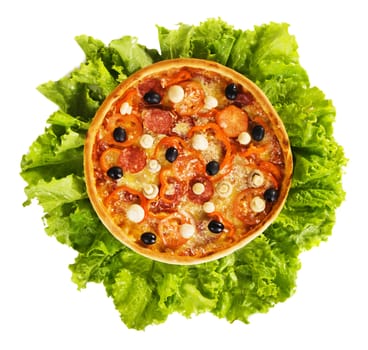 Pizza on a leaves of lettuce, isolated on white