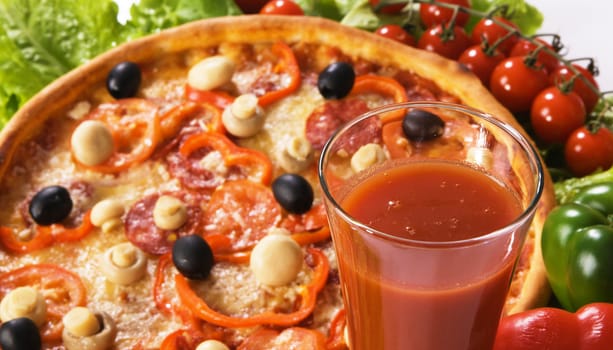 Closeup picture of a pizza with vegetables and glass of tomato juice