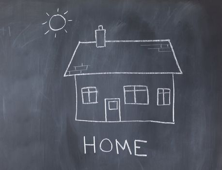 Big house and sun on a blackboard