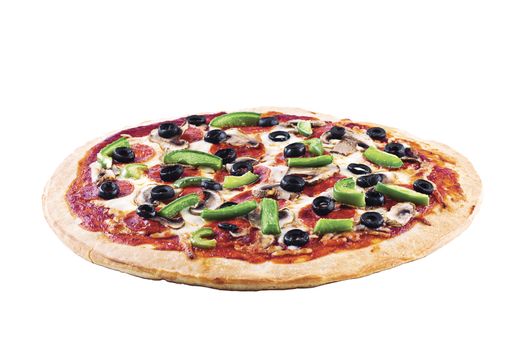 Closeup shot of a pepperoni pizza against plain white surface.