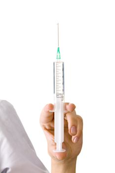 Hurse's hand holding a syringe, white background