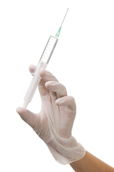 Nurse's hand holding a syringe, white background