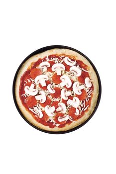 Overhead view of a pepperoni pizza with mushroom topping.