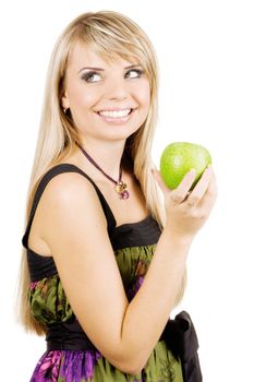 Cheerful young woman holding fresh apple,  isolated on white background