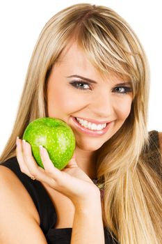 Young beautiful woman holding two juicy  apples