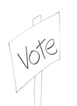 Drawn angled sign with the word "vote" written on it on a white background