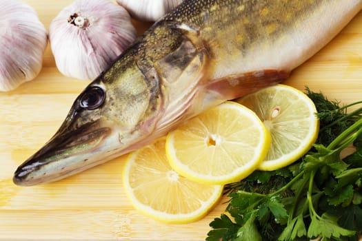 Raw pike with cooking ingredients on a cutting board