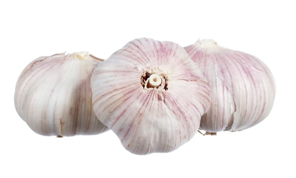 Three bulbs of garlic isolated on white background.