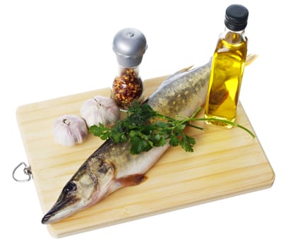 Raw pike with cooking ingredients isolated on white background