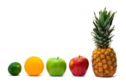 Row of fresh ripe fruits isolated on white background