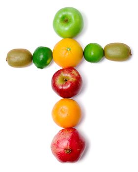 Cross made of fresh fruit, white background