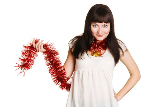 Young beautiful woman holding christmas decorations, isolated on white background