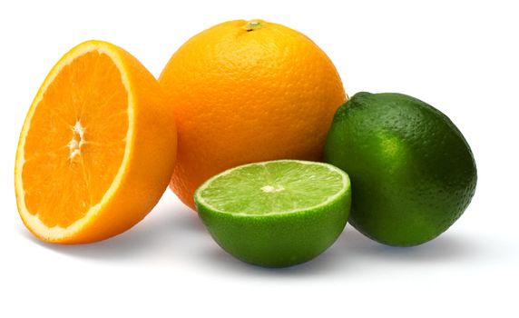 Orange and lime fruits isolated on white background