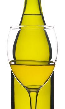 Bottle and glass of white wine, isolated on white background