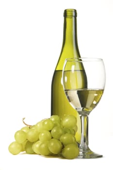 Bottle of white wine and grapes, isolated on white background