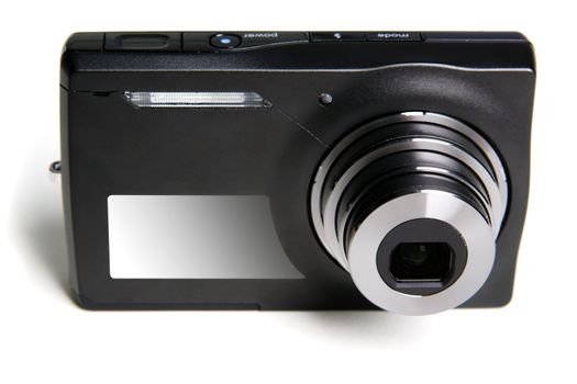 Digital photo camera on white background