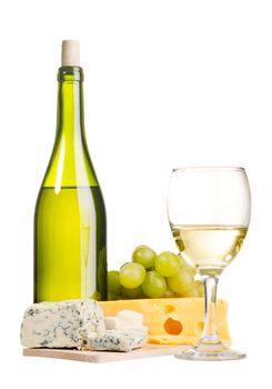 Cheese and white wine, isolated on white background