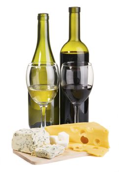 Cheese, white and red wine, isolated on white background