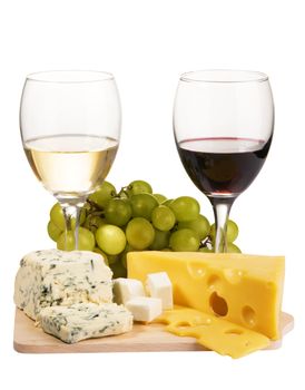 Cheese, white and red wine, isolated on white background