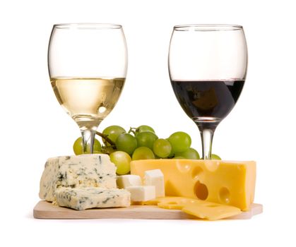 Cheese, white and red wine, isolated on white background