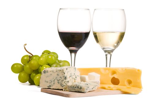 Cheese, white and red wine, isolated on white background