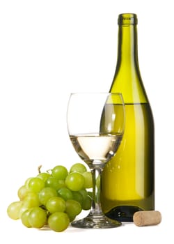 Bottle of white wine and grapes, isolated on white background