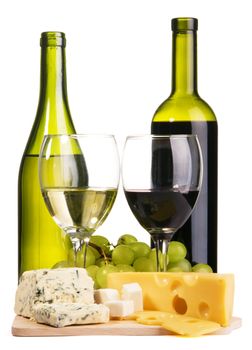 Cheese, white and red wine, isolated on white background