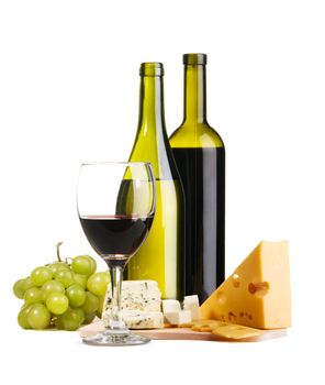 Cheese, white and red wine, isolated on white background