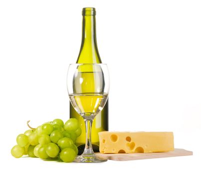 White wine and different sorts of cheese still-life