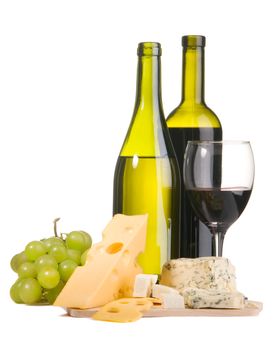 Cheese, white and red wine, isolated on white background