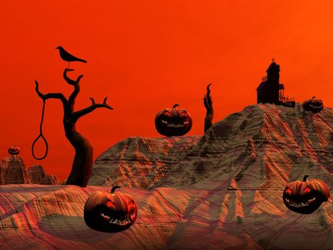 Halloween pumpkins and houses, trees, crosses, crow and dead man by red night