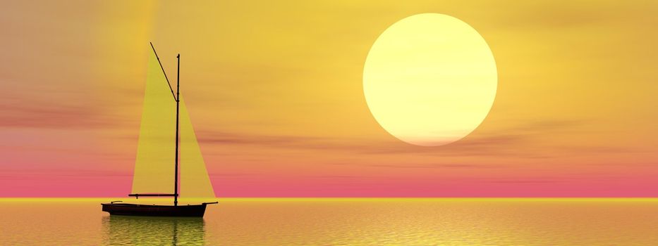 Small sailboat on the ocean by orange sunset