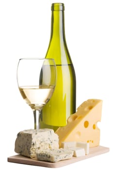 White wine and different sorts of cheese still-life