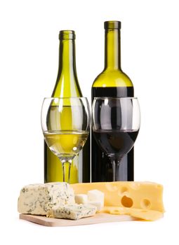 Cheese, white and red wine, isolated on white background